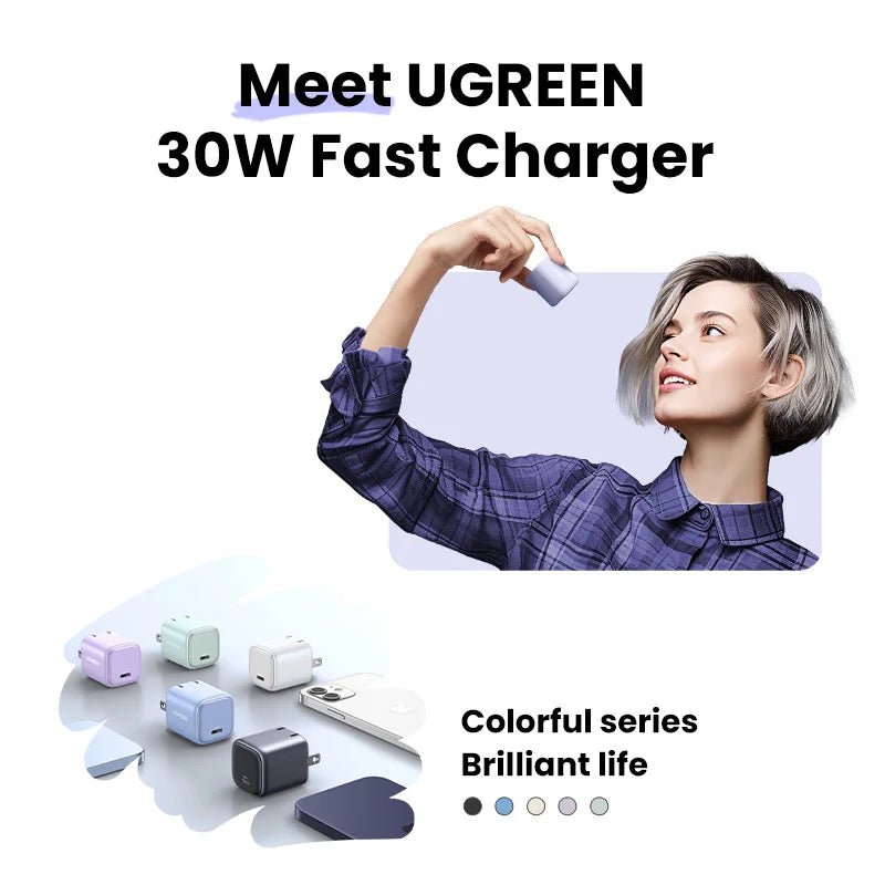 【US Plug】UGREEN GaN 30W Fast Charger for iPhone 15 14 13 PD3.0 Charger for iPad Pro samsung Xiaomi Type C Mobile Phone Charger