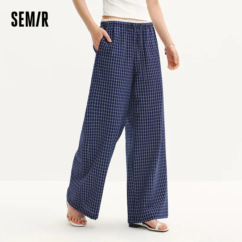 Semir Women Pants Plaid 2026 Textured Ruffle Trim Wide Leg Urban Casual Everyday Style Soft Comfortable Daily Wear Trendy