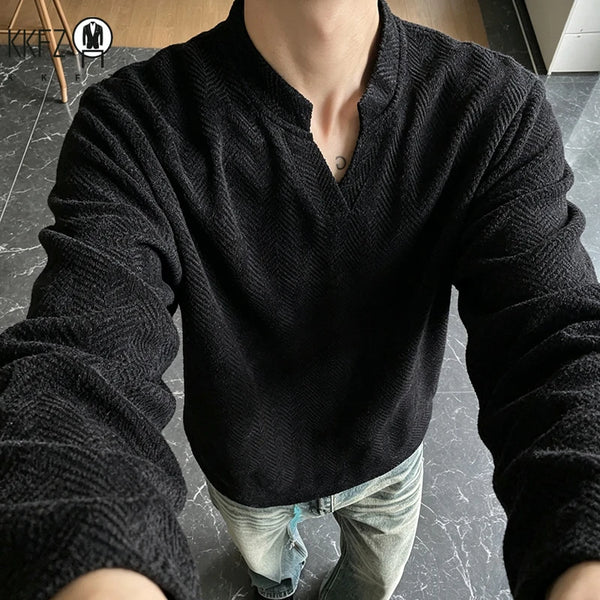 Mens Casual Loose Long Sleeve Top Notched V Neck Herringbone Jacquard Pattern Breathable Fabric Daily Wear