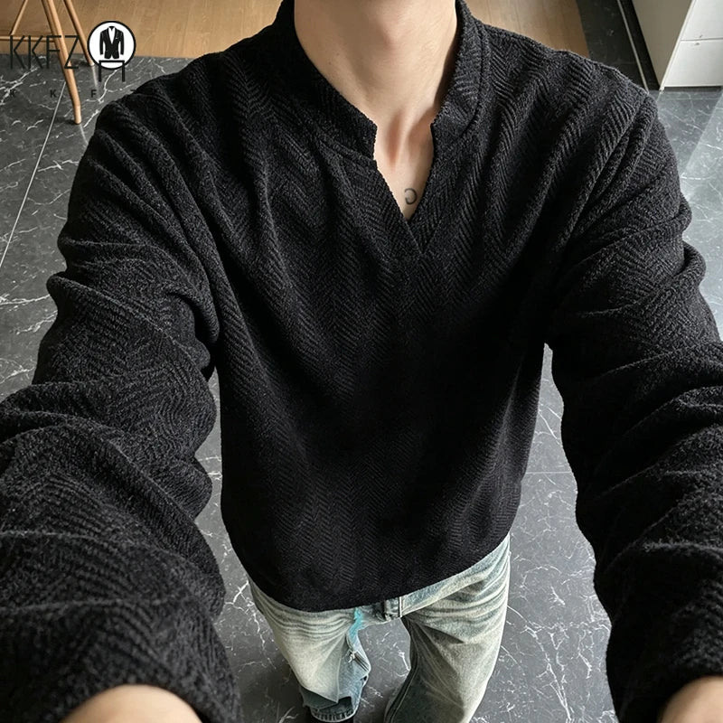 Mens Casual Loose Long Sleeve Top Notched V Neck Herringbone Jacquard Pattern Breathable Fabric Daily Wear