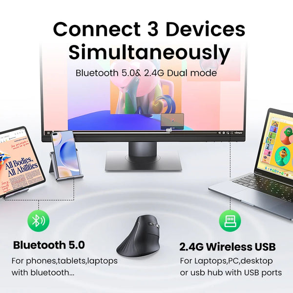 កណ្ដុរបញ្ឈរ UGREEN ឥតខ្សែ Bluetooth 5.0 2.4G Ergonomic 4000DPI ប៊ូតុងបិទសំឡេងចំនួន 6 សម្រាប់ MacBook Tablet Laptop Computer PC Mice