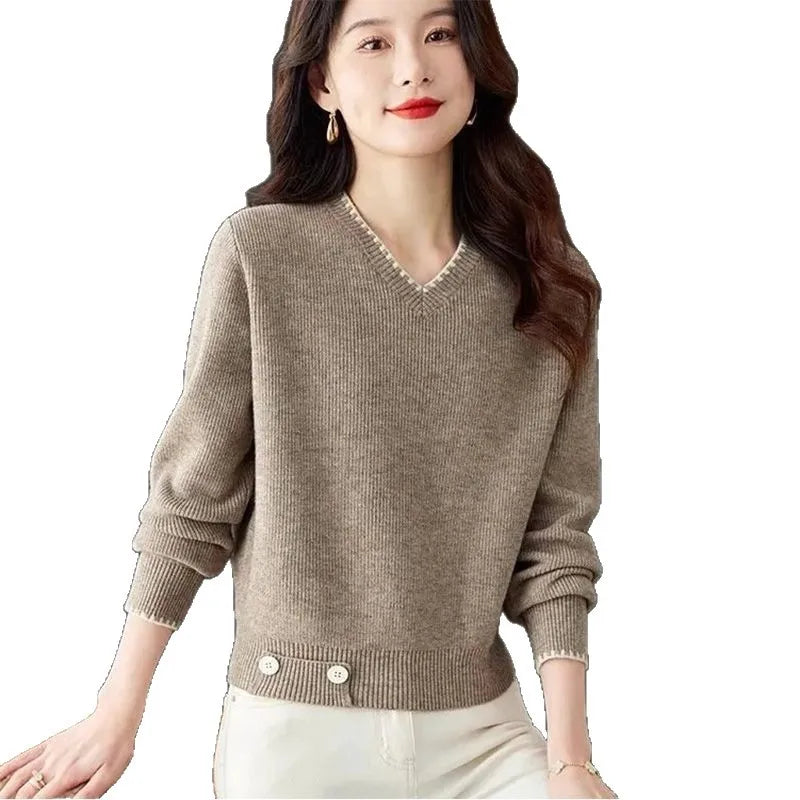 Pulls Femmes Jumper V Neck Long Sleeve Tops Female Short Knitwear Blouse Spring Autumn Winter Clothes Woman Pullover Sweater