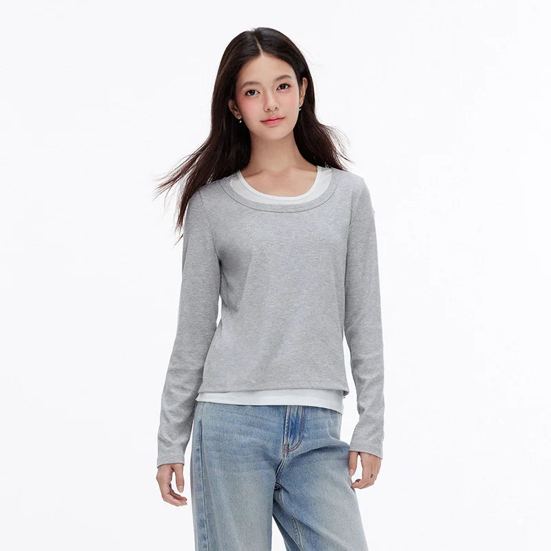 Semir Women Tshirt Slim Long Sleeve Patchwork Faux Two Piece Layering Base Top Autumn Casual Style Daily Wear 2026