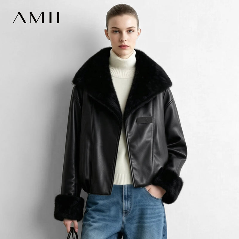 Amii Faux Leather Shearling Collar Jacket Biker Oversized Warm Commuter Minimalist Dark Winter 2026 Women's coat 12644005