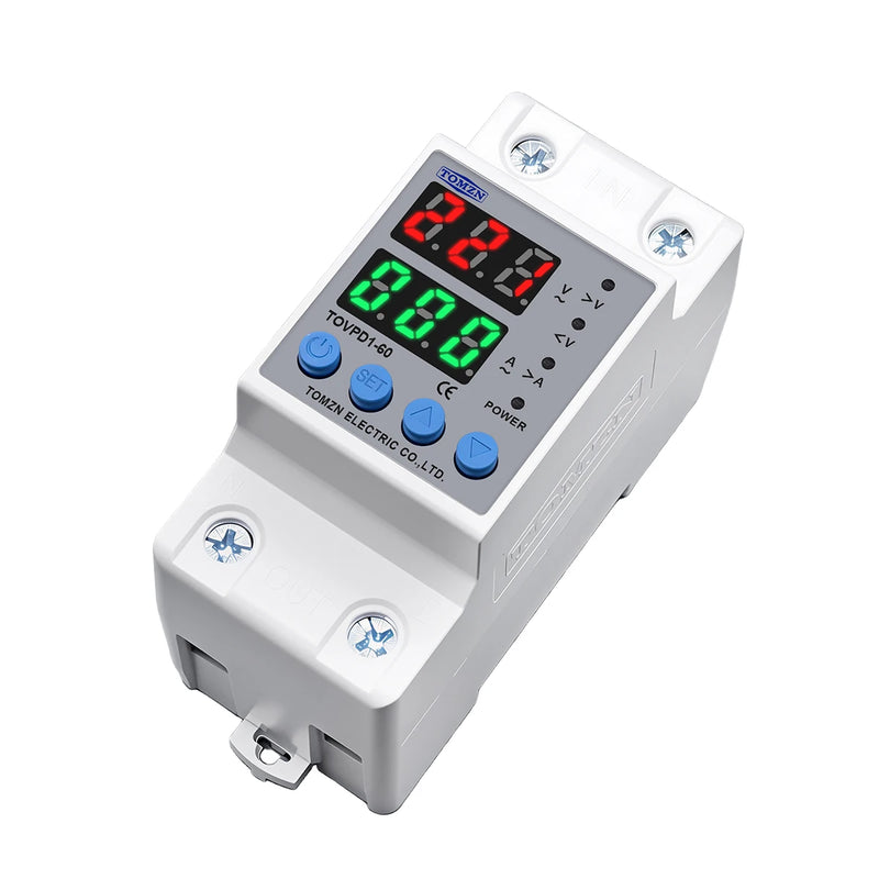 Din Rail Dual Display Adjustable Over Voltage Current and Under Voltage Protective Device Protector Relay 40A 63A 220V 230V