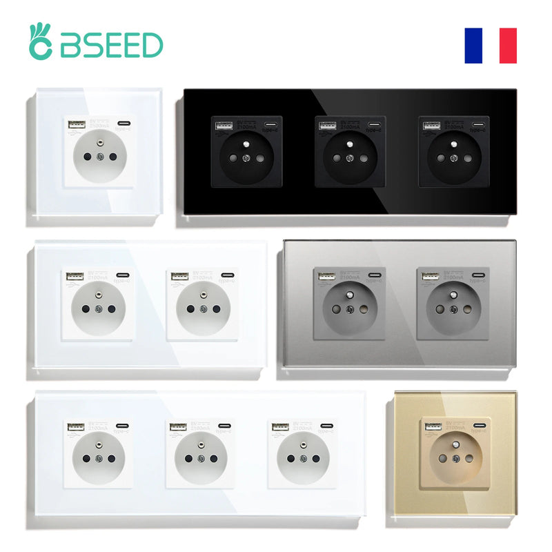 BSEED French Standard Single Wall Power Sockets Double France USB Type-C Port Outlet Crystal Glass Panel Children Protection 16A