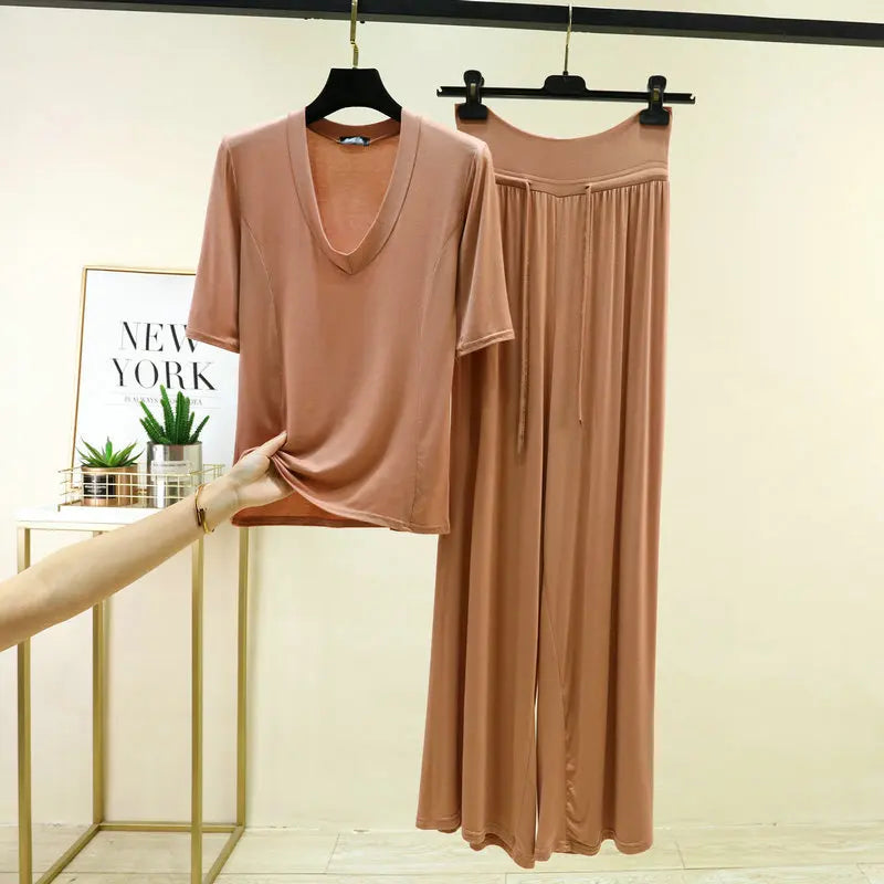 Soft Modal Sleepwear Women's Summer Pajamas Thin T Shirt Wide Leg Pants Set Loose Large Size Home Clothes  M-6XL Pijamas
