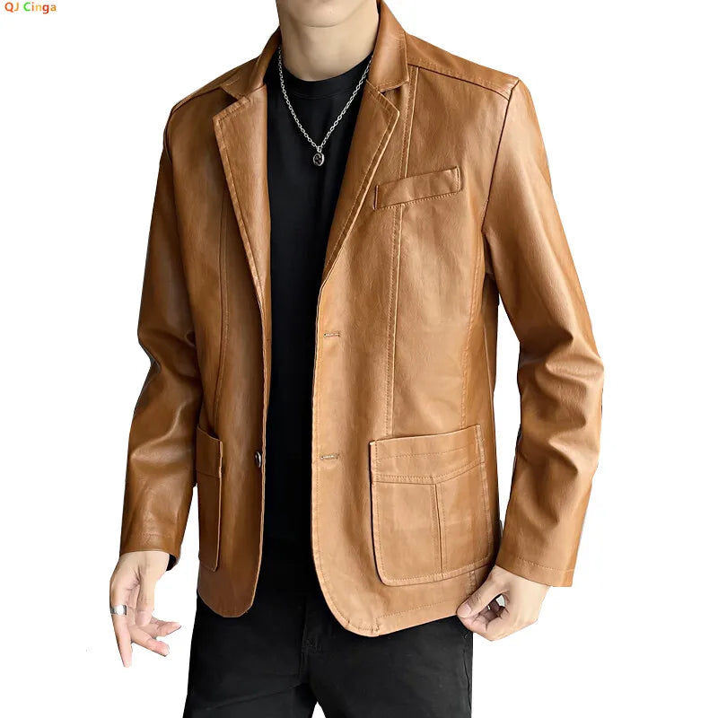 2026 New Khaki Men's PU Jacket, Dark Blue  Burgundy Black Coat, Asian Size Slim Leather Blazers, M-5XL,2025 New
