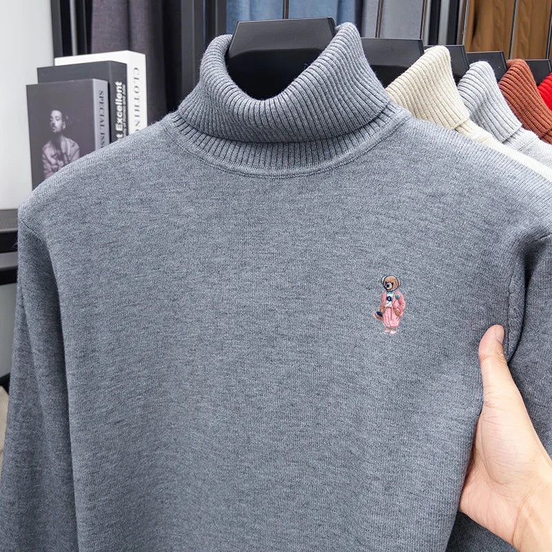 Comfort Man High Neck Long-Sleeved Knitwear Bear Embroidery Pullover Fashionable Daily Wear for Men Autumn Winter Versatile Men'
