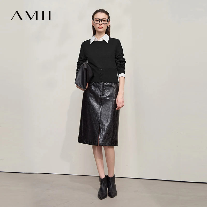 AMII Minimalist Women's Black Sweater 2026 Autumn Simple Commuting O Neck Pullover Long Sleeved Casual Knitted Tops 12523155