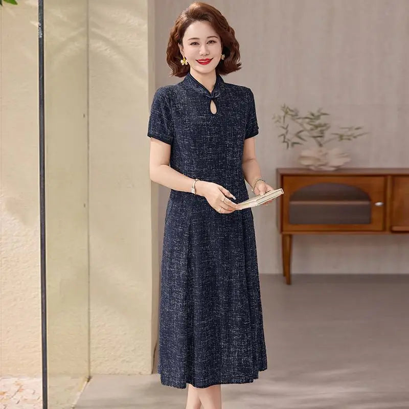 រ៉ូបខ្លីដៃខ្លីបែបអាស៊ីសម្រាប់នារី សំពត់រាងអក្សរ A បោះពុម្ពផ្កា គ្របពោះ សម្រកទម្ងន់