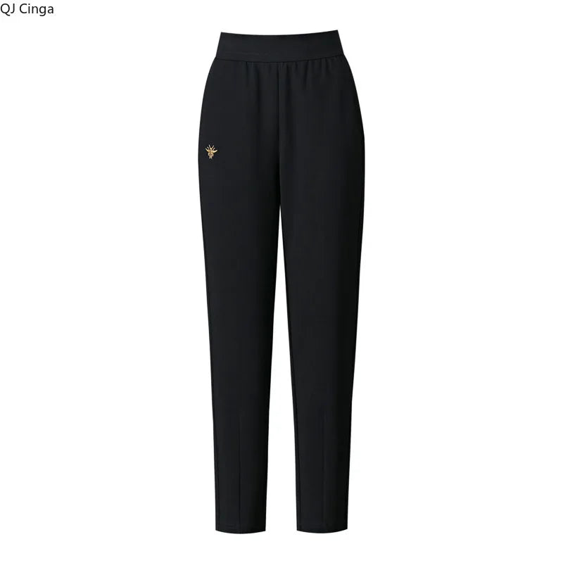 Women's Red High-waisted Harem Pants, Black Elastic Waist Casual Pant, Beige Girls' Embroidered Stretch Trousers. Asian Sizes