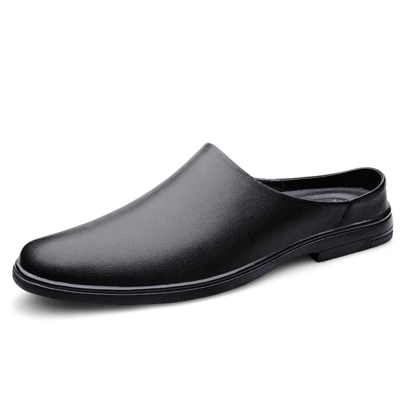 Summer Fashion Half Shoes Men Casual Comfortable Leather Shoes Half Slippers Solid White Slip On