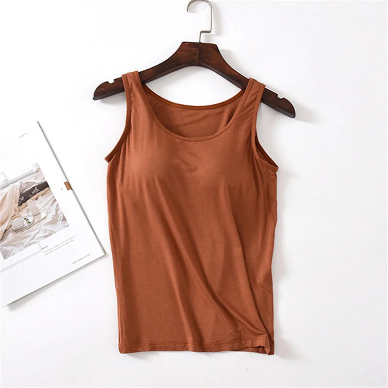 Lingerie Women Sleep Tops Summer Modal Sleeveless Sleepwear Casual Chest Pad Nightwear One Piece Pajamas Bottoming T-shirt S-3XL