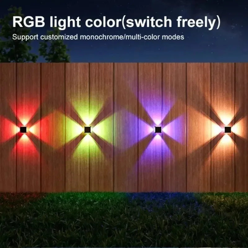 ភ្លើងជញ្ជាំង LED ដើរដោយថាមពលព្រះអាទិត្យ 4LED ក្តៅ/RGB ពហុពណ៌ ឡើងលើចុះក្រោម ភ្លើងជញ្ជាំង ចង្កៀងរបងការពារទឹកសម្រាប់សួនច្បារ ទីធ្លា ផ្លូវរានហាល