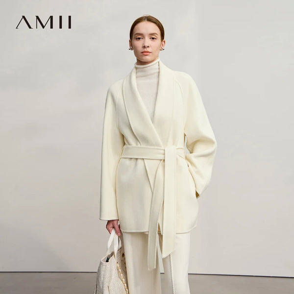 AMII Women's Coat 2026 Winter New V-Neck Long Sleeves Ladies Tops Loose Solid Ladies Tops 100% Wool Women's Woolen Coat 12524075