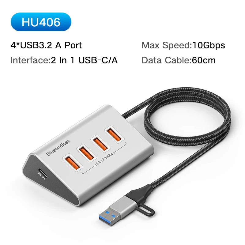 ស្ថានីយ៍ចត HUB អាលុយមីញ៉ូម Blueendless 10Gbps USB3.2 Gen2 4/10 រន្ធ USB-C USB-A ប្រភេទ C ឧបករណ៍បំបែកសម្រាប់កុំព្យូទ័រកុំព្យូទ័រយួរដៃ macbook