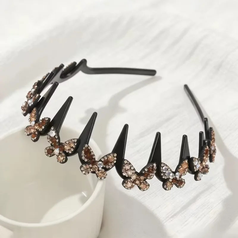 Rhinestone Butterfly Wavy Headband Fashion Sparkling Korean Style Anti-slip Toothed Headband Face Washing Hair Accessories Women