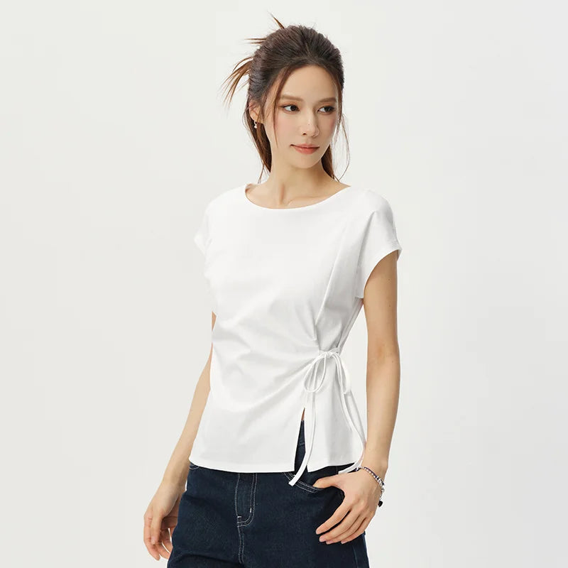 Semir Womens Tshirt 2026 Slash Neck Bow Slit Split Pure Cotton Gentle Style Casual Soft