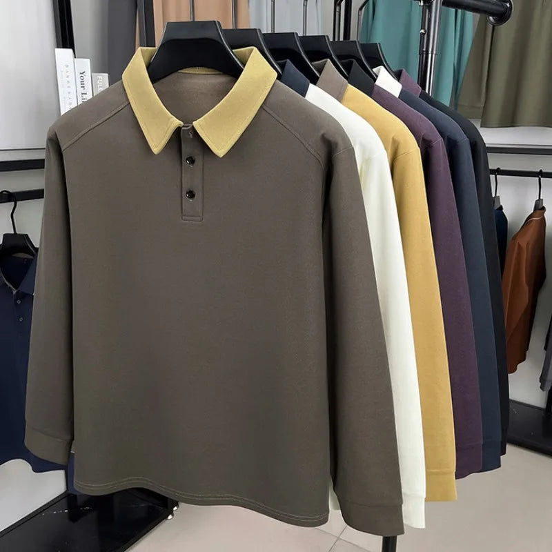 Men's Autumn Knit Polo Shirt, Contrast Collar and Sleeve Design, New Arrival Heavyweight Pullover for Casual Business Wear