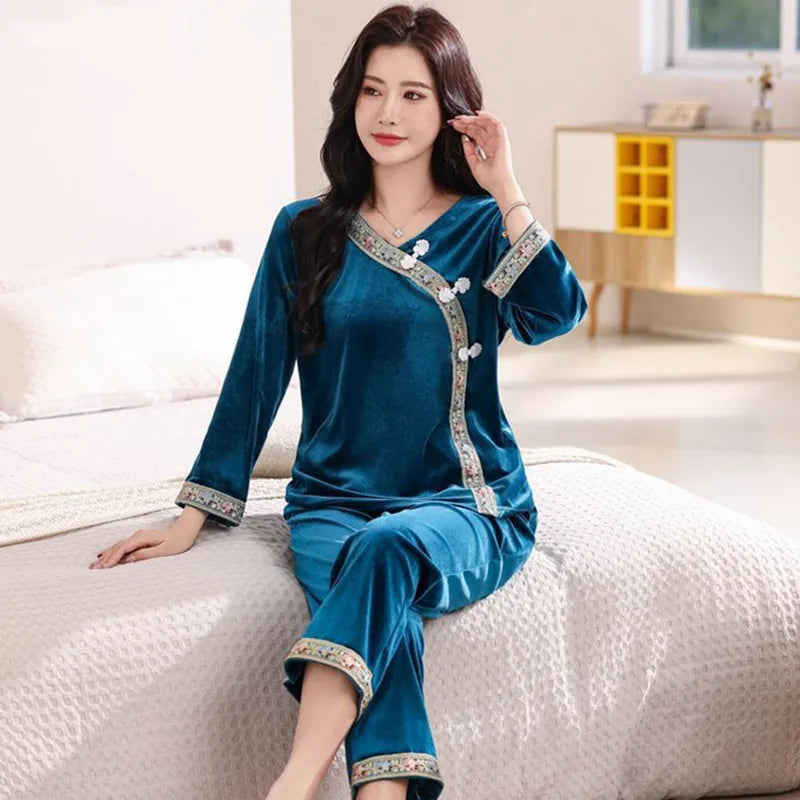Gold Velvet Pajama Sets Women Chic Sleepwear Retro French Style Elegant Feminine Autumn Winter Cozy Home Wear Night Suit XL-6XL