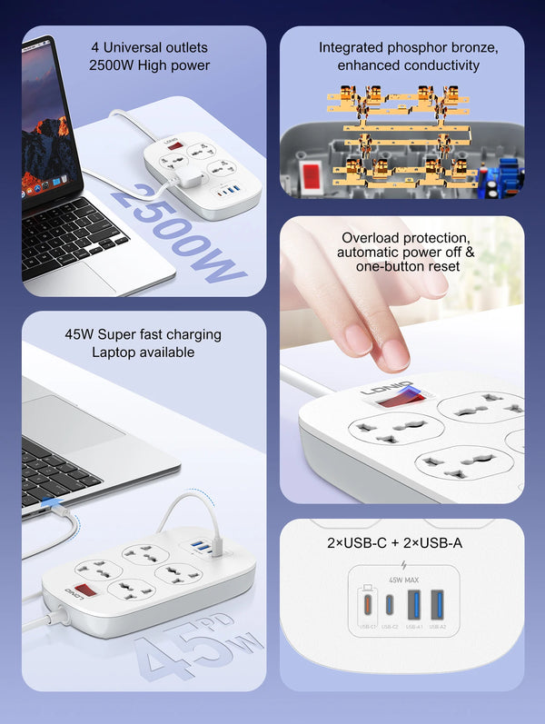 រន្ធដោតឌុយភ្លើង LDNIO 45W 4 រន្ធ មានរន្ធ USB C PD សាកលឿន USB-A ការពារការកើនឡើងនៃចរន្តអគ្គិសនី ឌុយ EU US UK