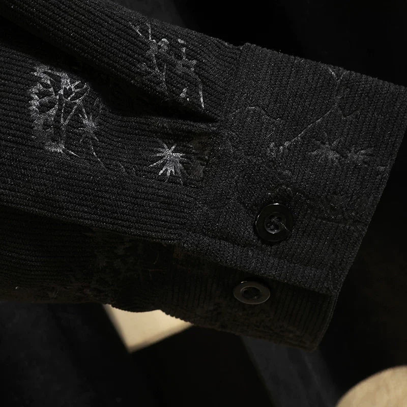 Men's Black Long-sleeve Printed Shirt, Single-breasted Button-down Shirts, Suitable for Weddings, Parties, Business,Casual Wear.
