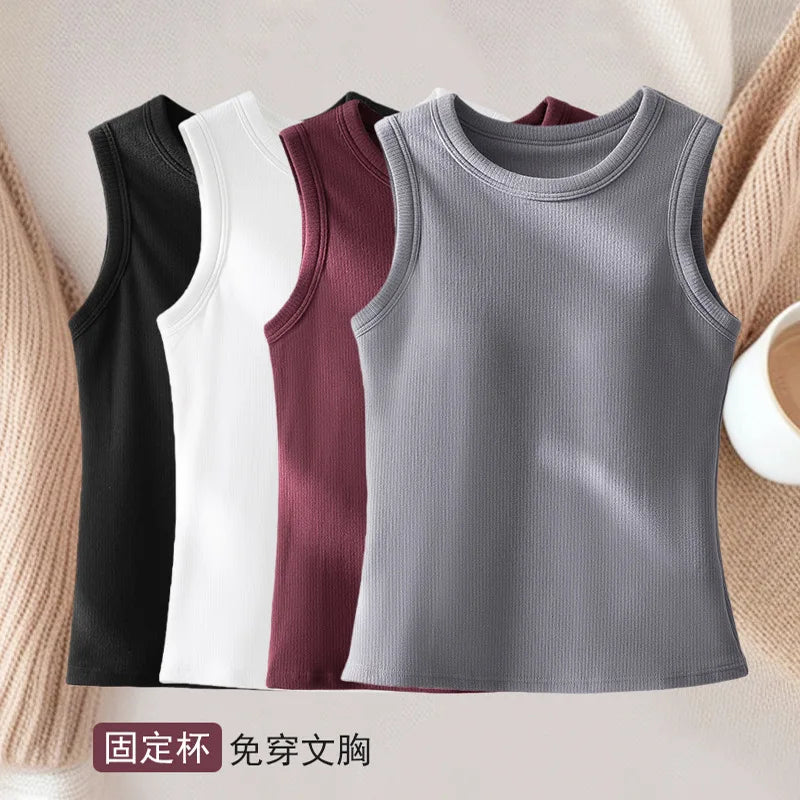 Threaded Autumn Winter Vest Inner Women's Warm Fixed Cup with Bra Pad Underwear Top Casual Sleeveless Sleepwear Pajamas 1 Pc