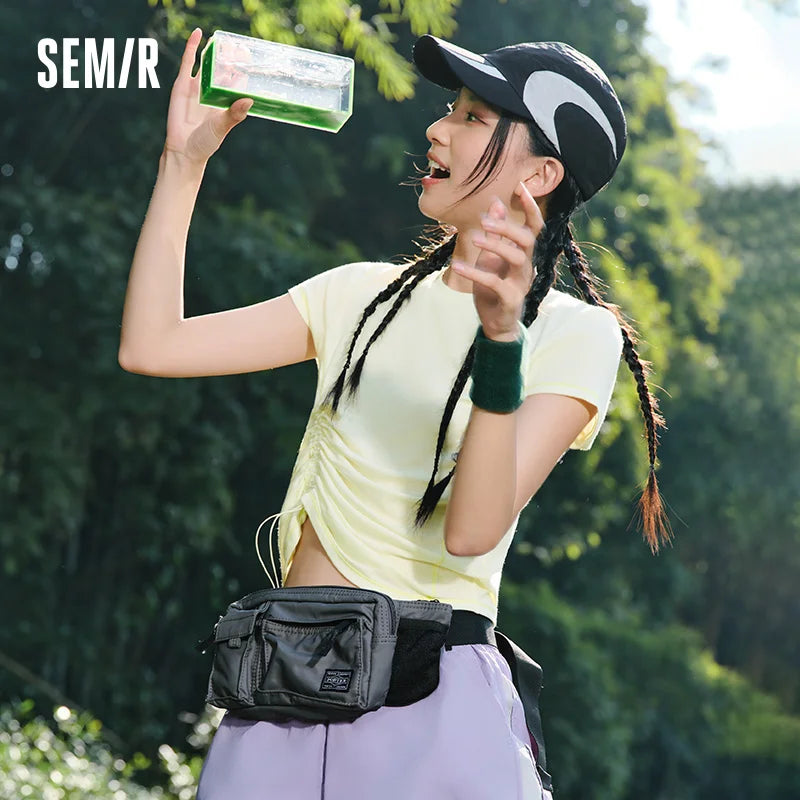 Semir Womens Tshirt 2026 Short Style Drawstring Ruched Solid Slim Crew Neck Gentle Style Casual