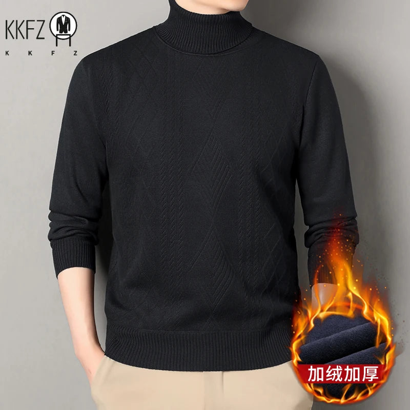 Three Dimensional Twist Weave Male Turtleneck Sweater Diamond Cable Allover Pattern Fleece Lined Rib Hem Pullover