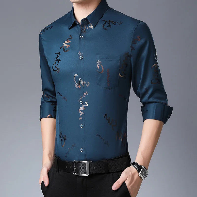 2026 Men's Casual and Fashionable Long Sleeved Printed Shirt, Non Ironing and Wrinkle Resistant Business Top. Asian sizes M–4XL