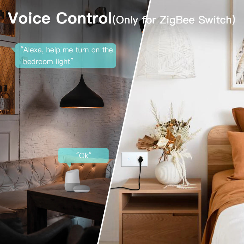 BSEED Tuya Zigbee Smart Switch 1/2/3Gang 1/2/3Way No Neutral Wall Touch Switch Smart Home Control EU Power Socket Without Wifi