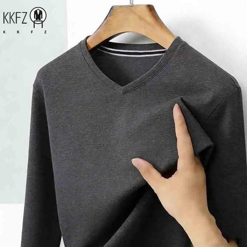 Men's Camel V-neck Long Sleeve Tee Slim Fit Soft Knit Pullover Spring & Autumn Shirt