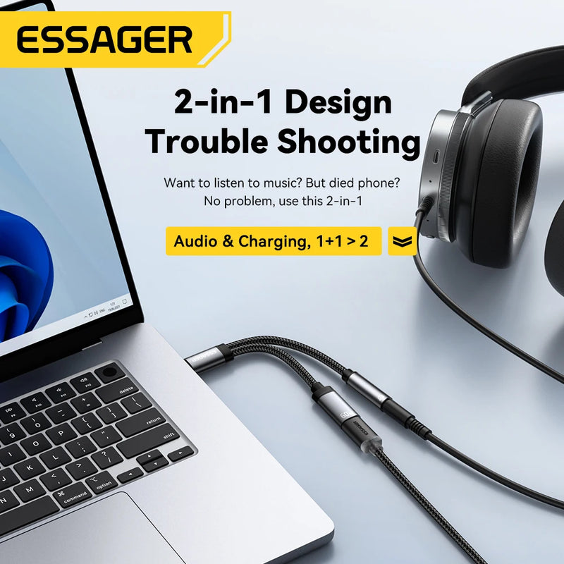 Essager 2 in 1 Type C to 3.5mm AUX Cable Headphone Adapter PD 60W សាកថ្មលឿនសម្រាប់ iPhone 16 15 Samsung Xiaomi 14 13 Tablet PC