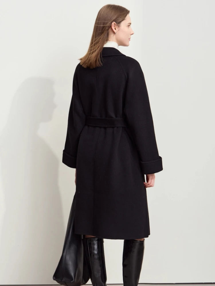 AMII Minimalist Woolen Coat for Women 2026 Winter New Warm Lapel Collar Long Sleeve with Belt 100% Wool Overcoat Female 12424009