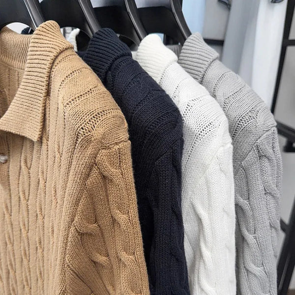 Men's Vintage Cable Knit Short Sleeve Polo Sweater 100% Cotton Retro Turn-down Collar Casual Pullover