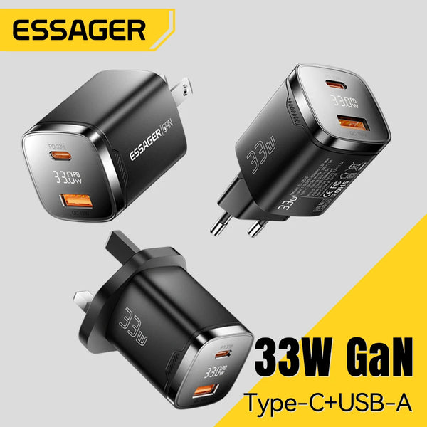 ឆ្នាំងសាក Essager 33W GaN USB Type C អេក្រង់ឌីជីថល PD សាកថ្មលឿនសម្រាប់ iPhone 17 16 15 14 Pro Max iPad Mini Xiaomi Samsung S22