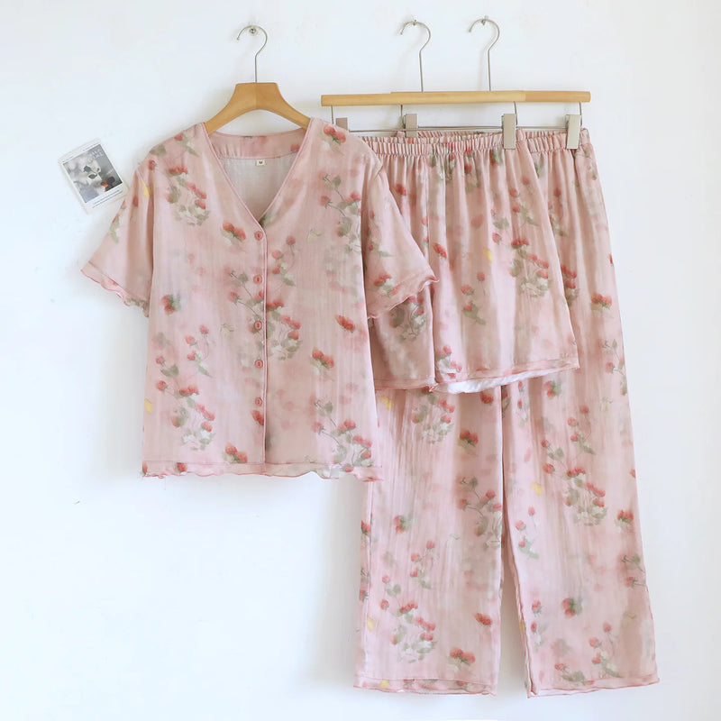 Floral Pajama Set Woman New Summer V-neck Short Sleeve Sleepwear Women's Cotton Home Wear Thin Casual 3 Piece Loungewear Suit