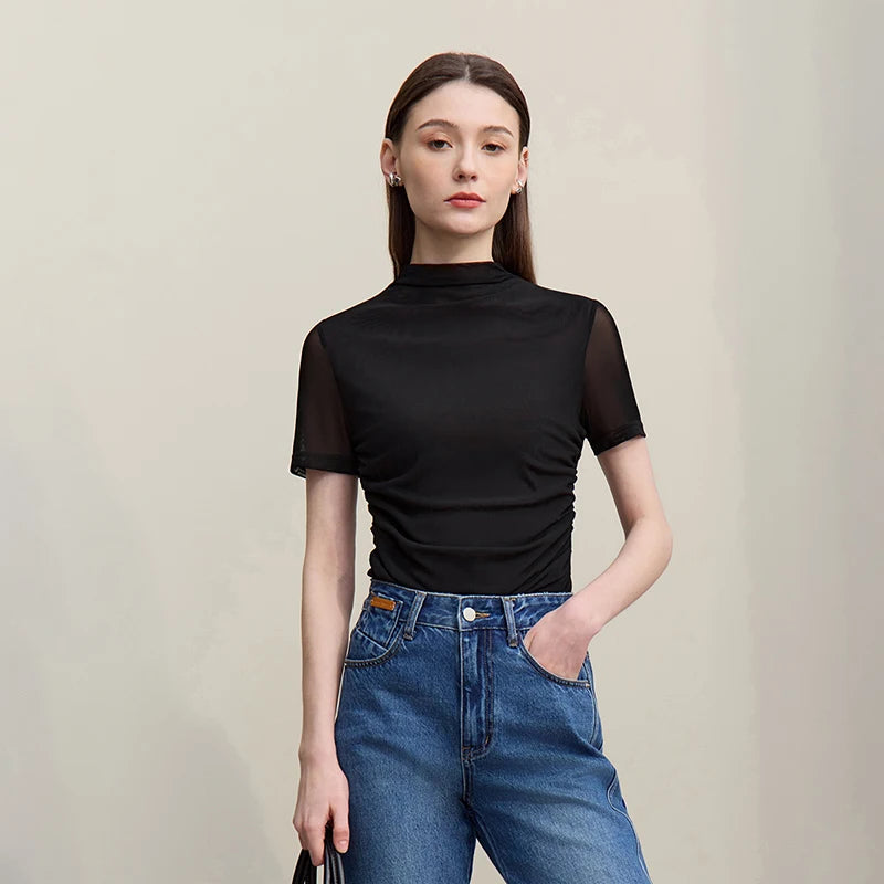 Amii Women's T-Shirt 2026 Summer New Shirred Short Sleeve Women's Tee Shirt Mock Neck Mesh Slim Stretch Lightweight Top 12612027