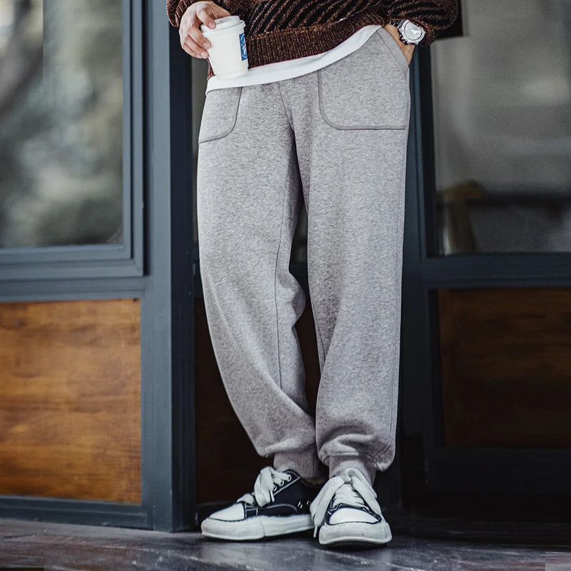Maden Retro Fleece Sweatpants Solid  Sporty Casual with Elastic Waist Tapered Pants for Men's Autumn and Winter Warm Trousers