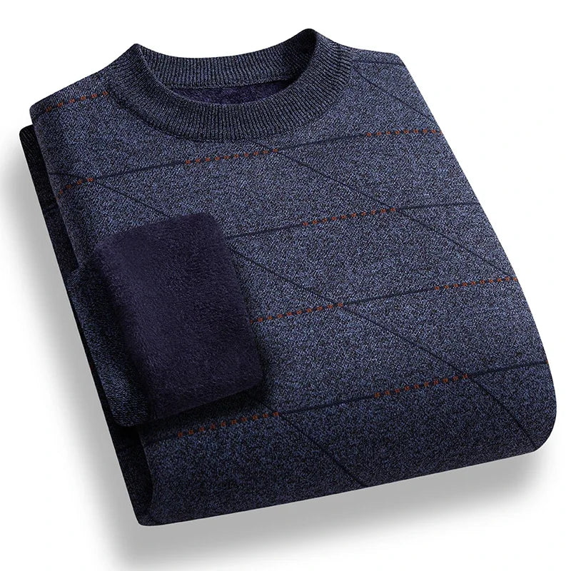Cold Weather Men Knit Pullover Thick Plush Interior Diagonal Grid Print Design Everyday Casual Long Sleeve Warm Jumper