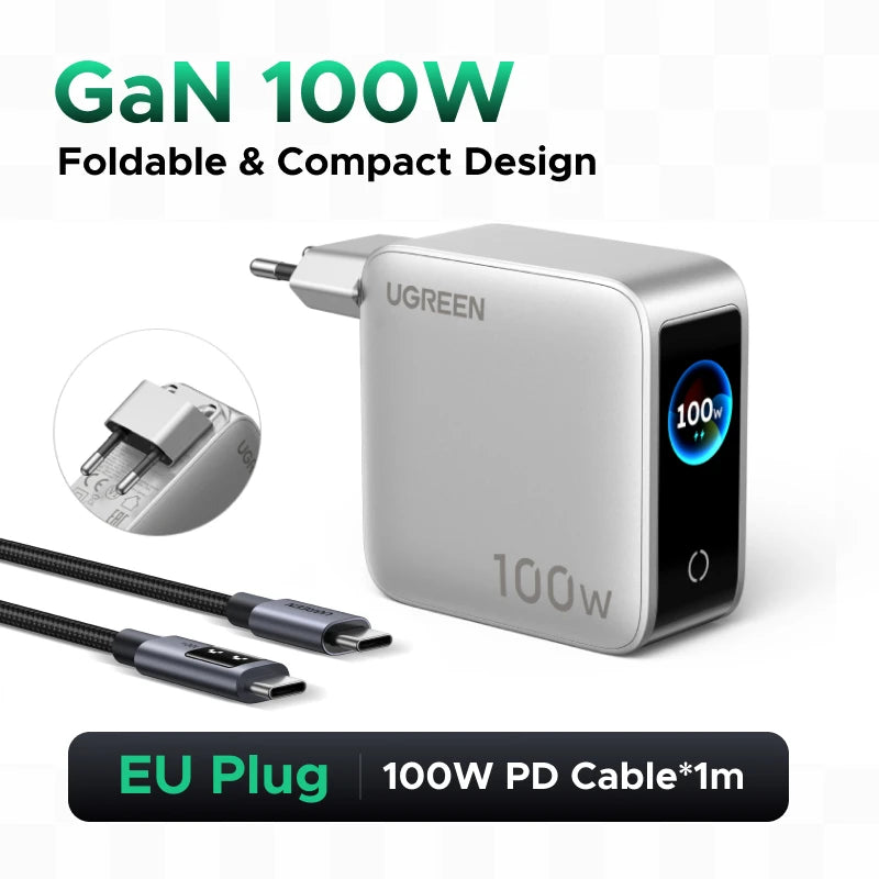 UGREEN 100W GaN Charger With Smart Display EU/UK/US Foldable Plug QC4.0 AVS For Macbook Pro Laptop iPhone 18 17 Pro iPad Samsung
