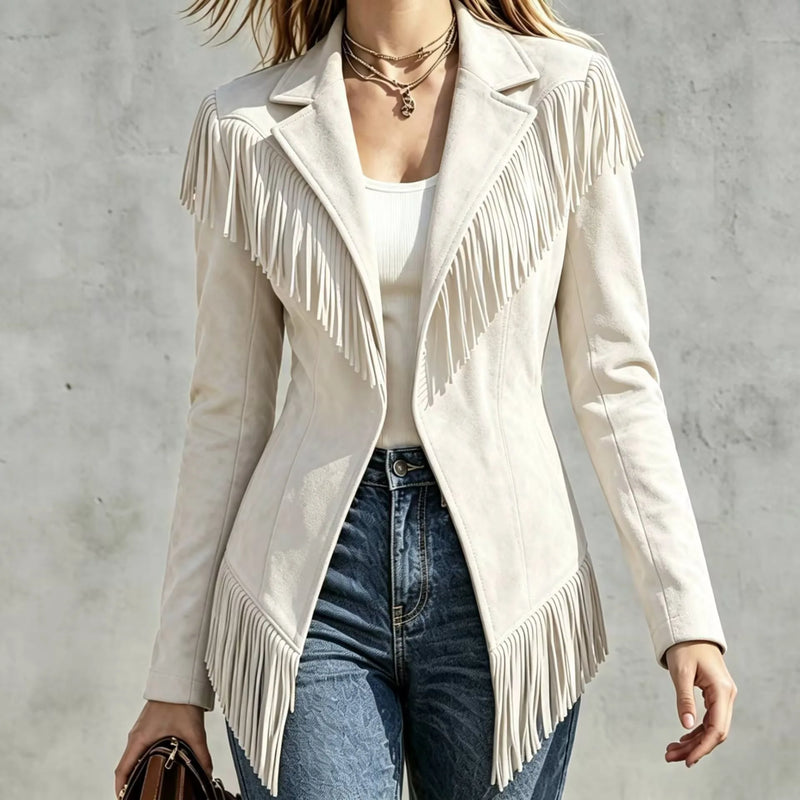 Lightweight Women's Long-sleeve Collared Jacket with Fringe Detailing; Available in Black, Red, Green, Khaki, Beige, Blue, Gray.