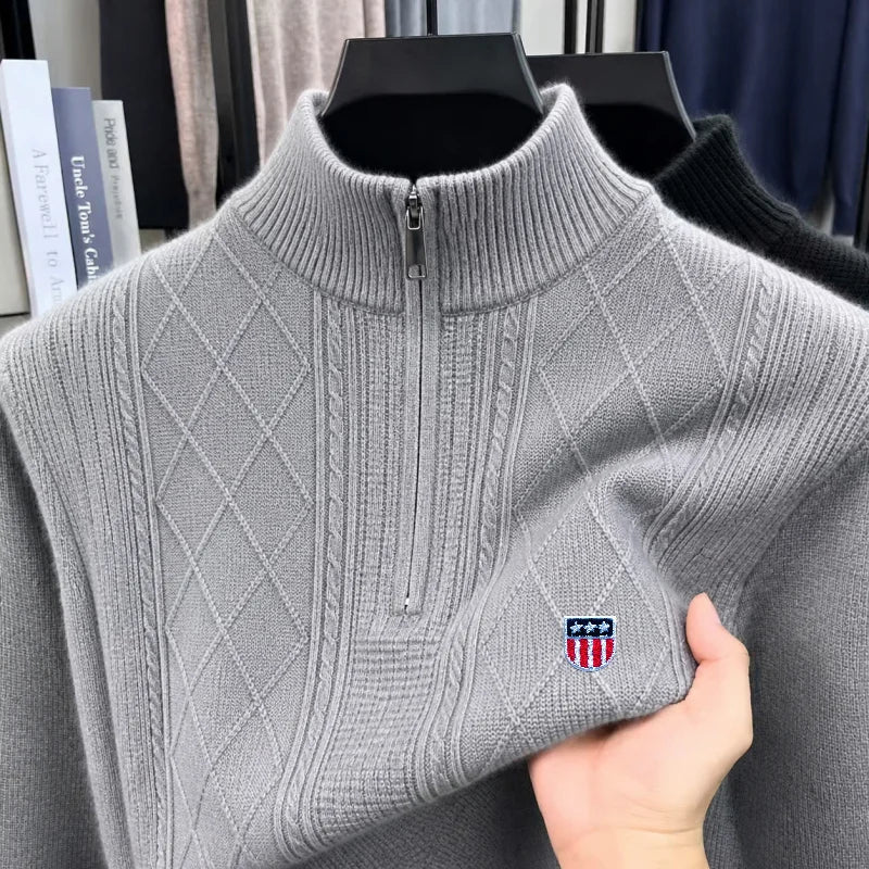 Quality Man Long-Sleeved Knitwear Mock Neck Zipper Pattern Embroidery Diamond Pattern Autumn Winter New Leisure VersatileSweater