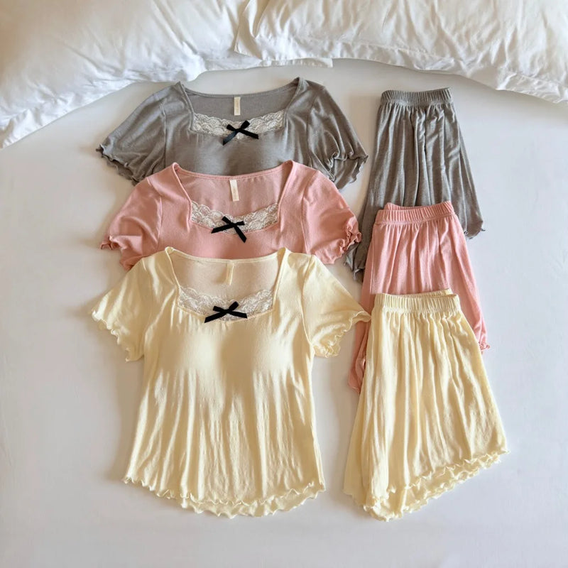 Modal Pajamas with Chest Pads Short Sleeve Sleepwear Ladies Pyjamas Femmes Summer Top and Shorts Lounge Wear Loungewear Suit
