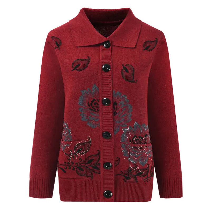 50-80 Years Old Spring Autumn Lapel Middle-Aged Elderly Mother Sweater Loose Embroidered Knitted Cardigan Top Women Jacket