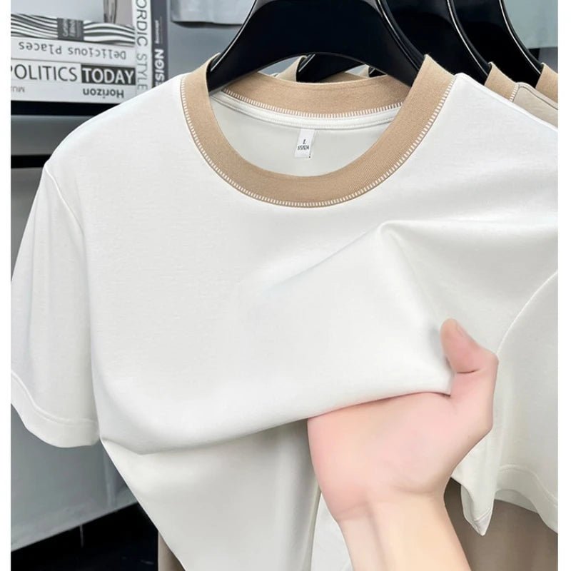 Men's 2026 Spring Summer Contrast Collar T-Shirt, Soft Cotton Blend, Round Neck Short Sleeve, Smart Casual Daily Wear