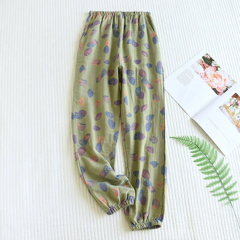 ខោ pajamas កប្បាស 100% បោះពុម្ពសម្រាប់ស្ត្រី ខោរលុងសម្រាប់រដូវផ្ការីករដូវស្លឹកឈើជ្រុះ ខោការពារមូស ខោគេងផ្ទះធម្មតាសម្រាប់ស្ត្រី