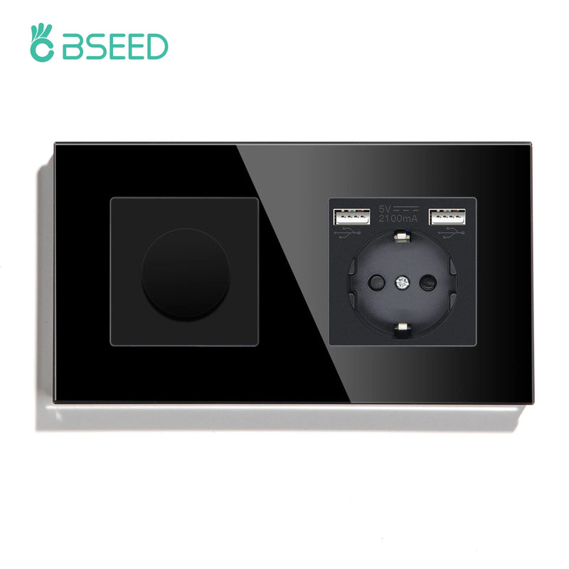 BSEED Mechanical Dimmer Light Switch Plus EU Socket USB Type-C Port Power Outlet Led Dimmable Switch Glass Frame 10A