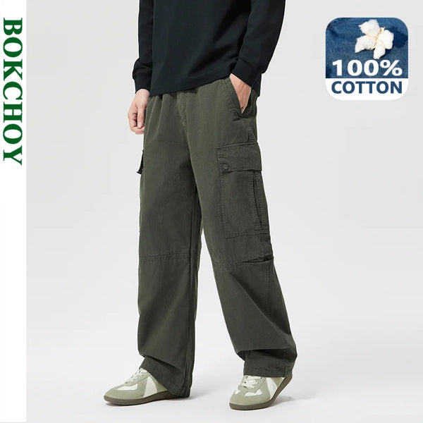 202 6 Autumn New Straight Cargo 100% Cotton Pants for Men Clothing Zipper Big Pockets Outdoor Loose Trousers GF258317